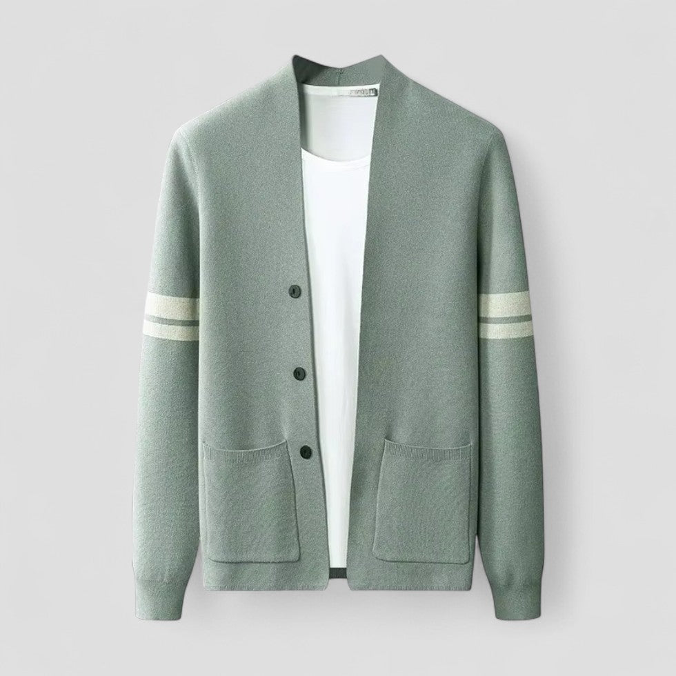 Button Up Knit Cardigan with Striped Sleeve Detail for Men