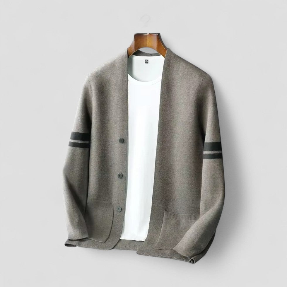 Button Up Knit Cardigan with Striped Sleeve Detail for Men