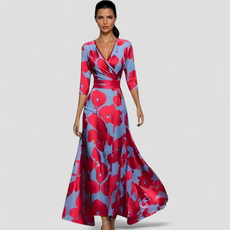 Floral Wrap Maxi Dress with Three Quarter Sleeves