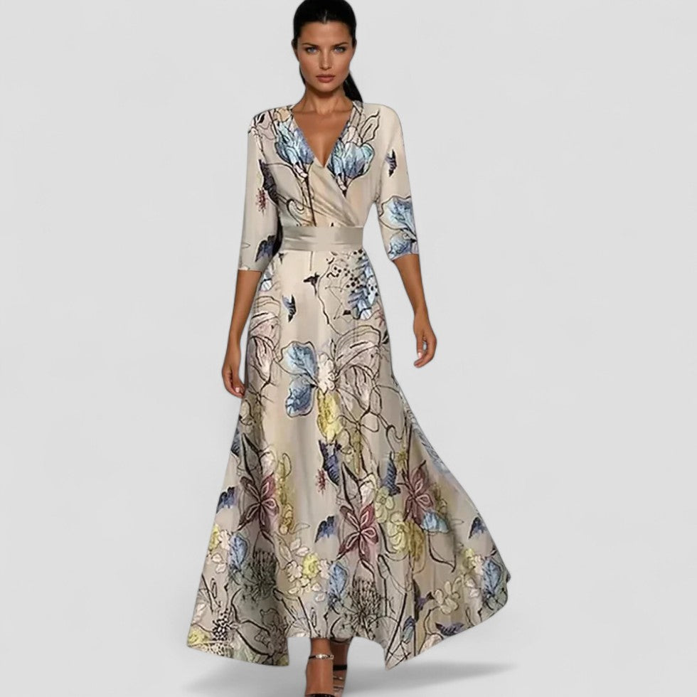 Floral Wrap Maxi Dress with Three Quarter Sleeves