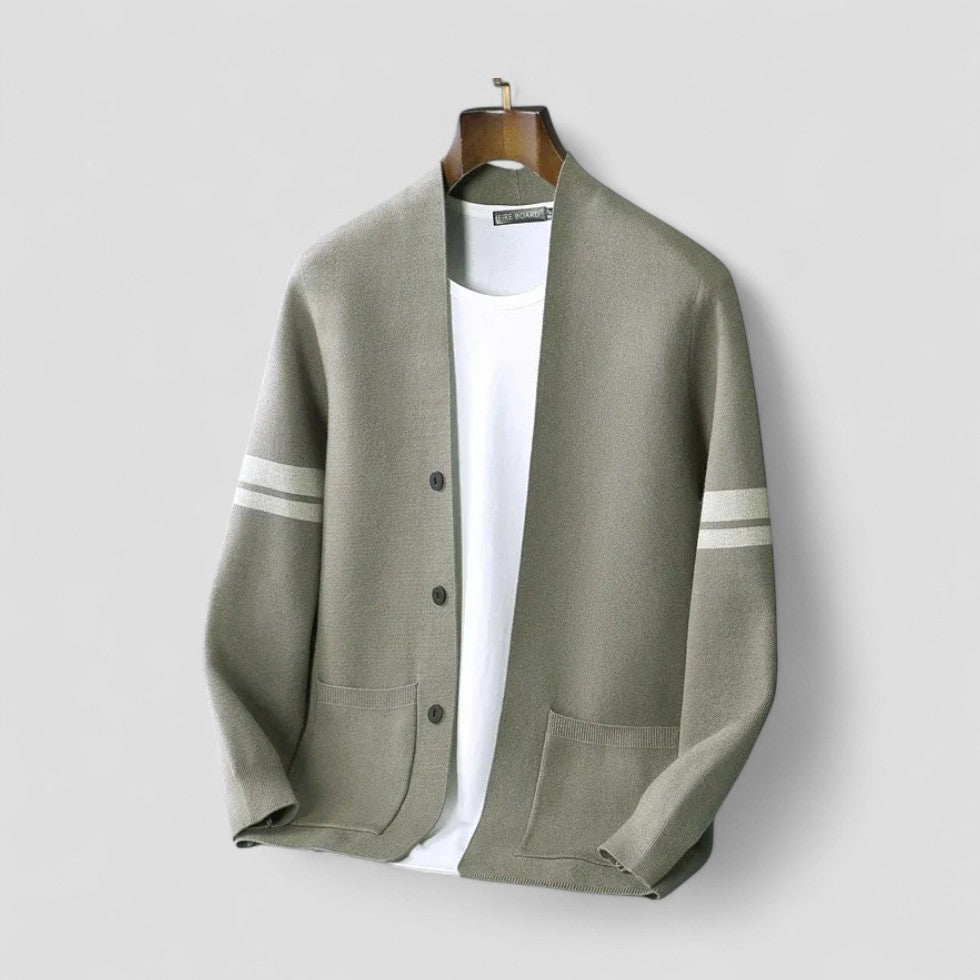 Button Up Knit Cardigan with Striped Sleeve Detail for Men