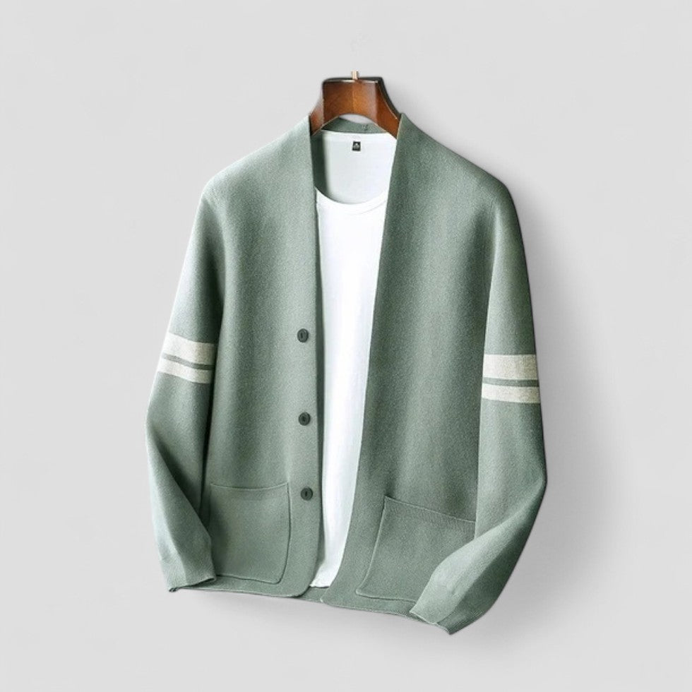 Button Up Knit Cardigan with Striped Sleeve Detail for Men