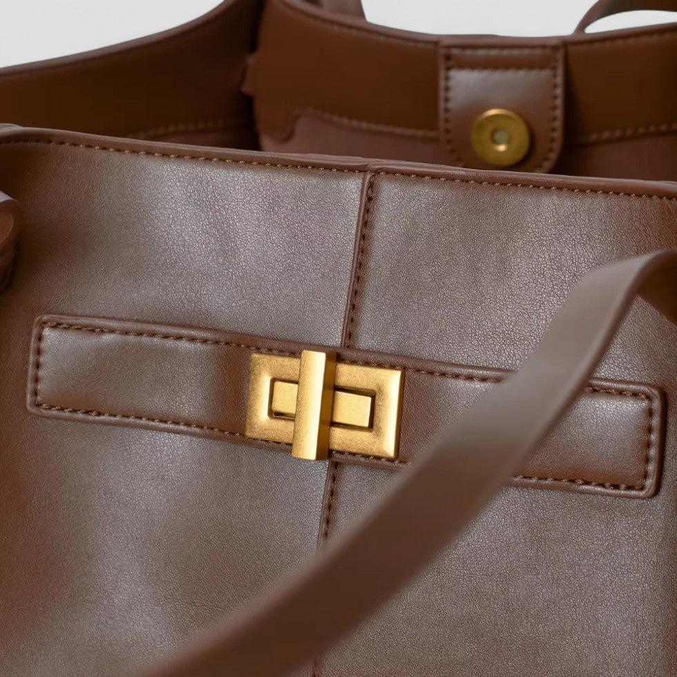 Large Tote Bag Made of Imitation Leather with Elegant Twist Clasp