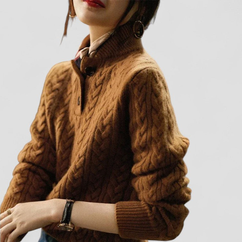 Cable Knit Cashmere Blend Pullover with Button Collar