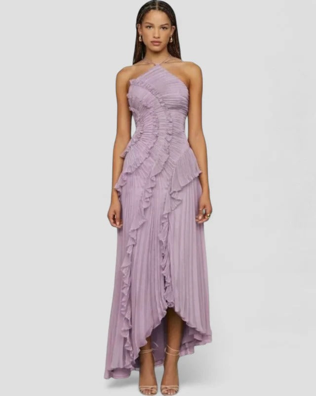 Ruffle Pleated Halter Maxi Dress Slim Fit European Style