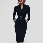 V Neck Belted Pencil Midi Dress with Three Quarter Sleeves