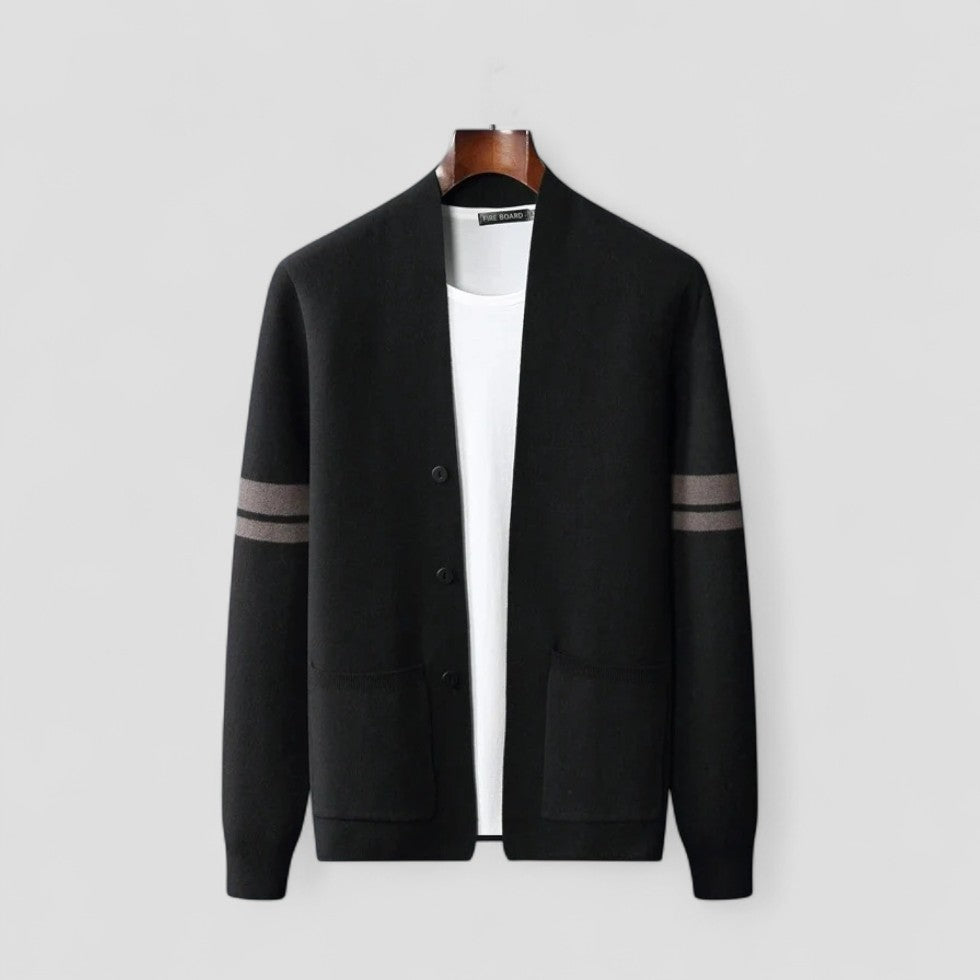 Button Up Knit Cardigan with Striped Sleeve Detail for Men