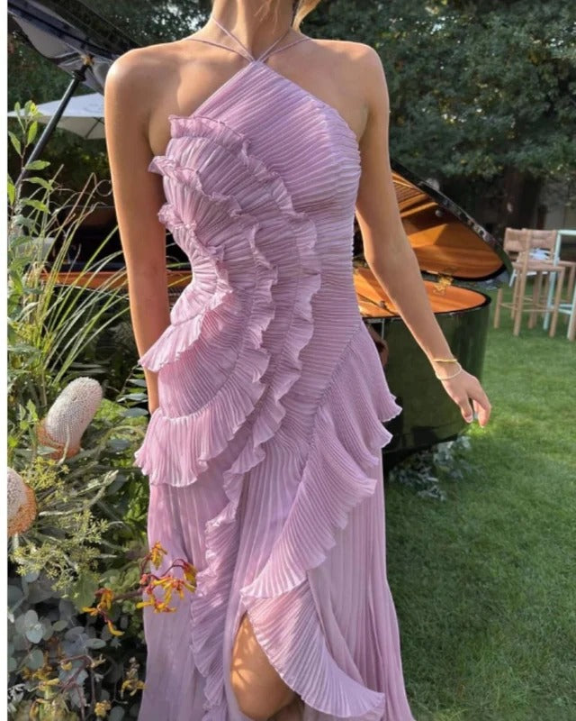 Ruffle Pleated Halter Maxi Dress Slim Fit European Style