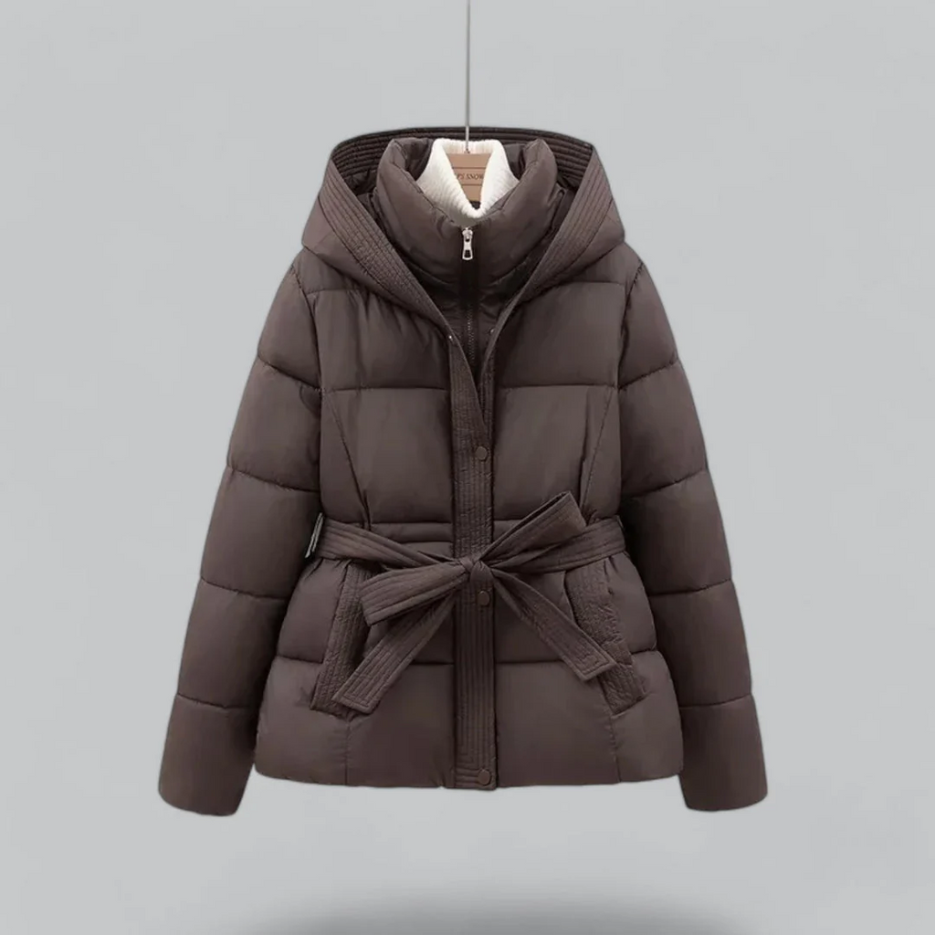 Women’s Belted Puffer Jacket with Hood for Winter Warmth