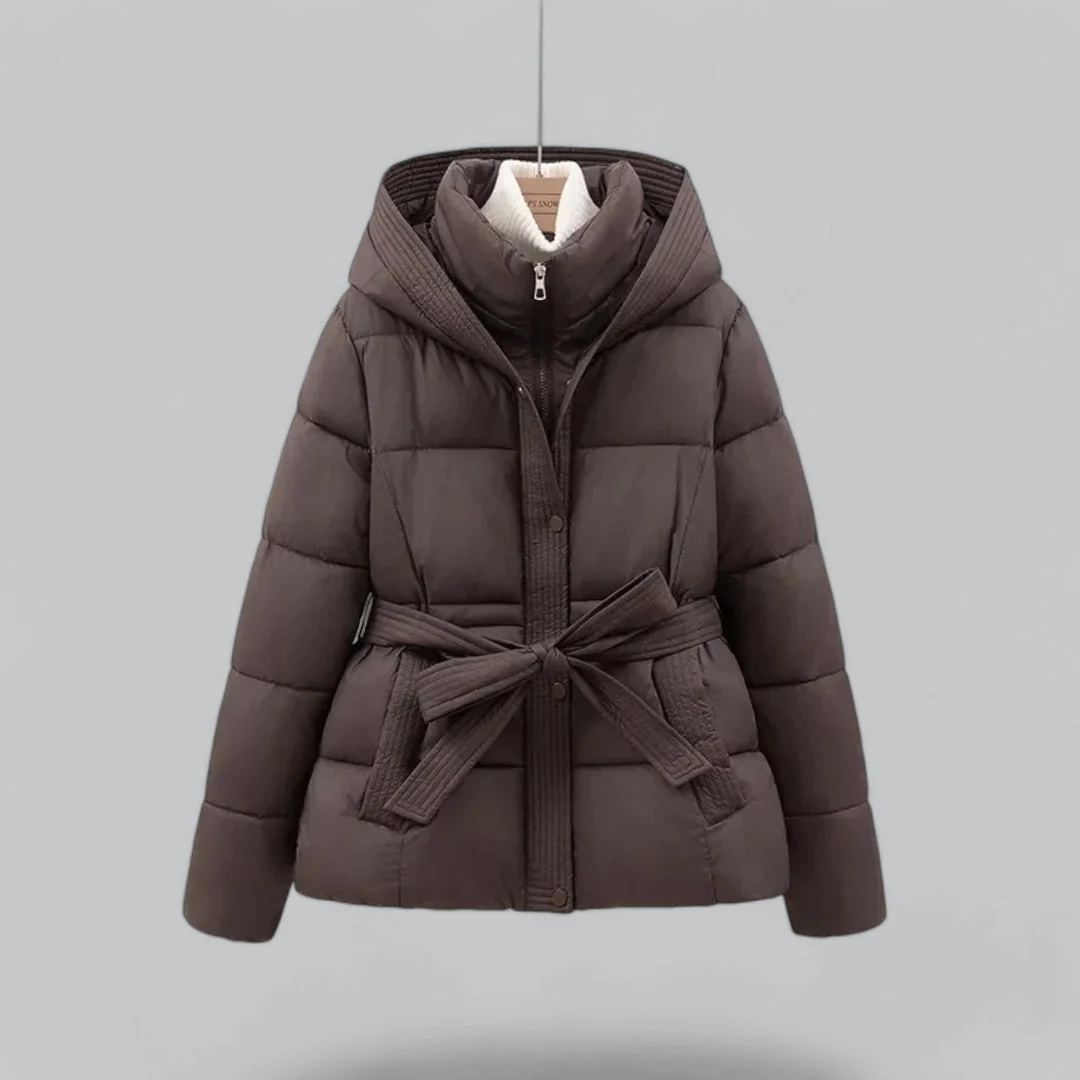 Women’s Belted Puffer Jacket with Hood for Winter Warmth