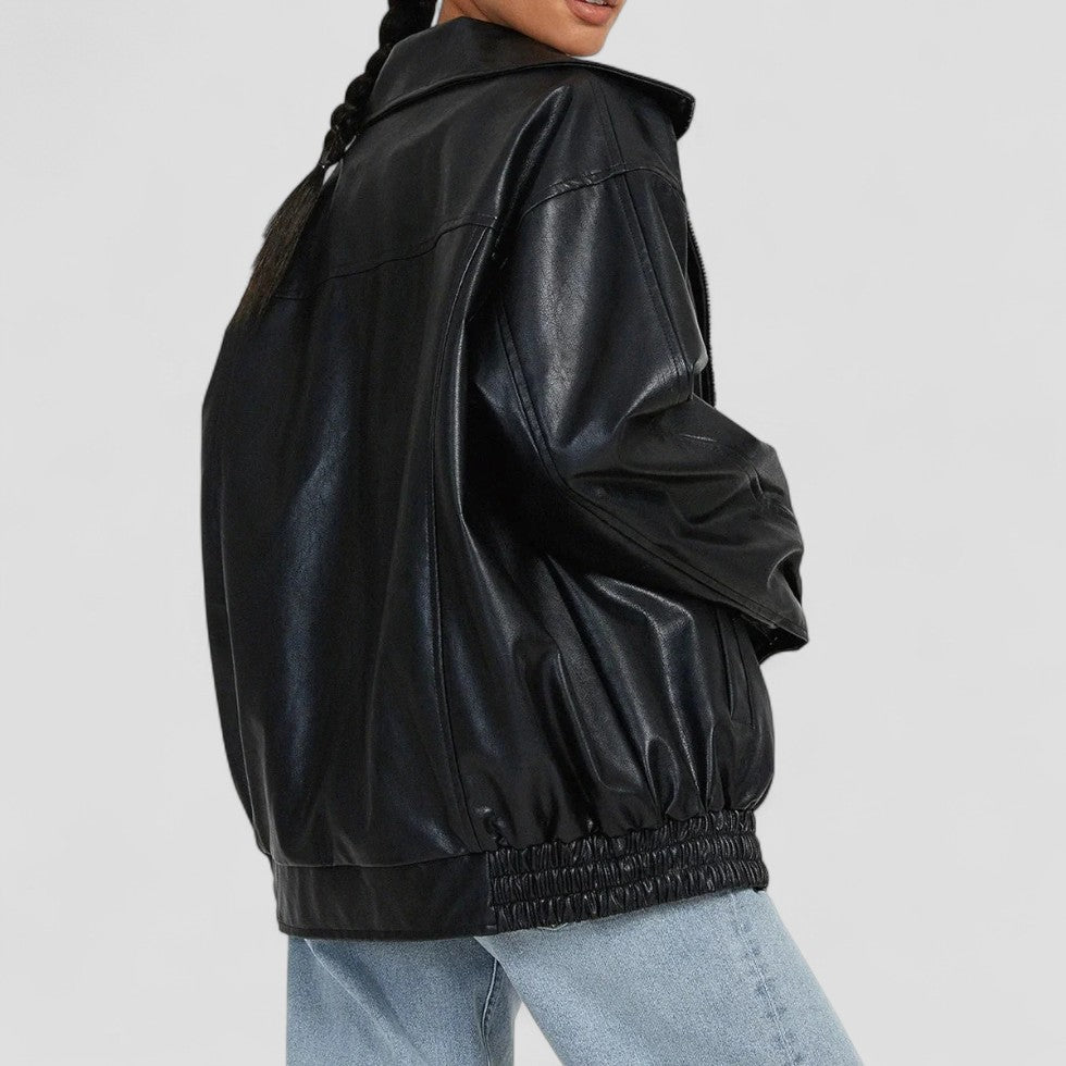 Oversized Faux Leather Zip Up Bomber Jacket for Women