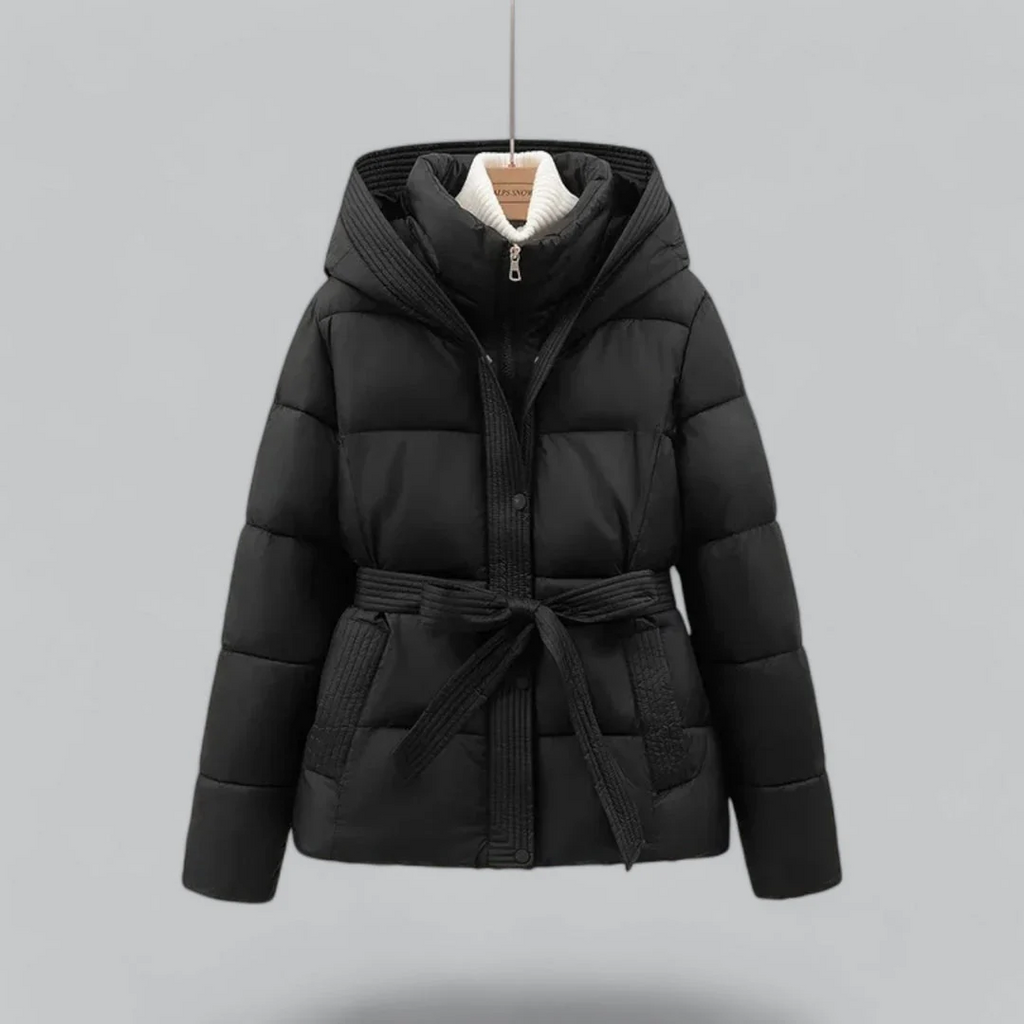Women’s Belted Puffer Jacket with Hood for Winter Warmth