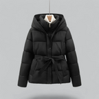 Women’s Belted Puffer Jacket with Hood for Winter Warmth