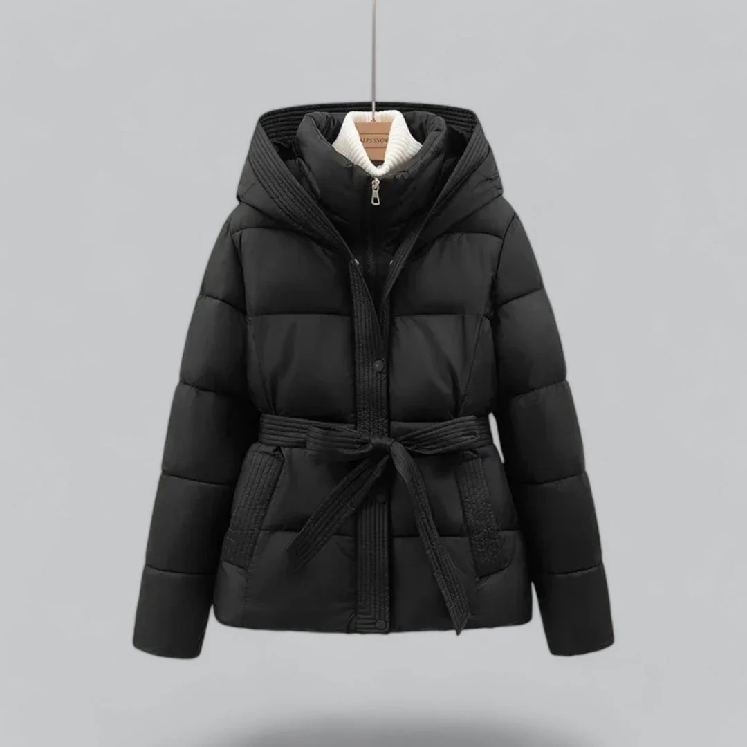 Women’s Belted Puffer Jacket with Hood for Winter Warmth