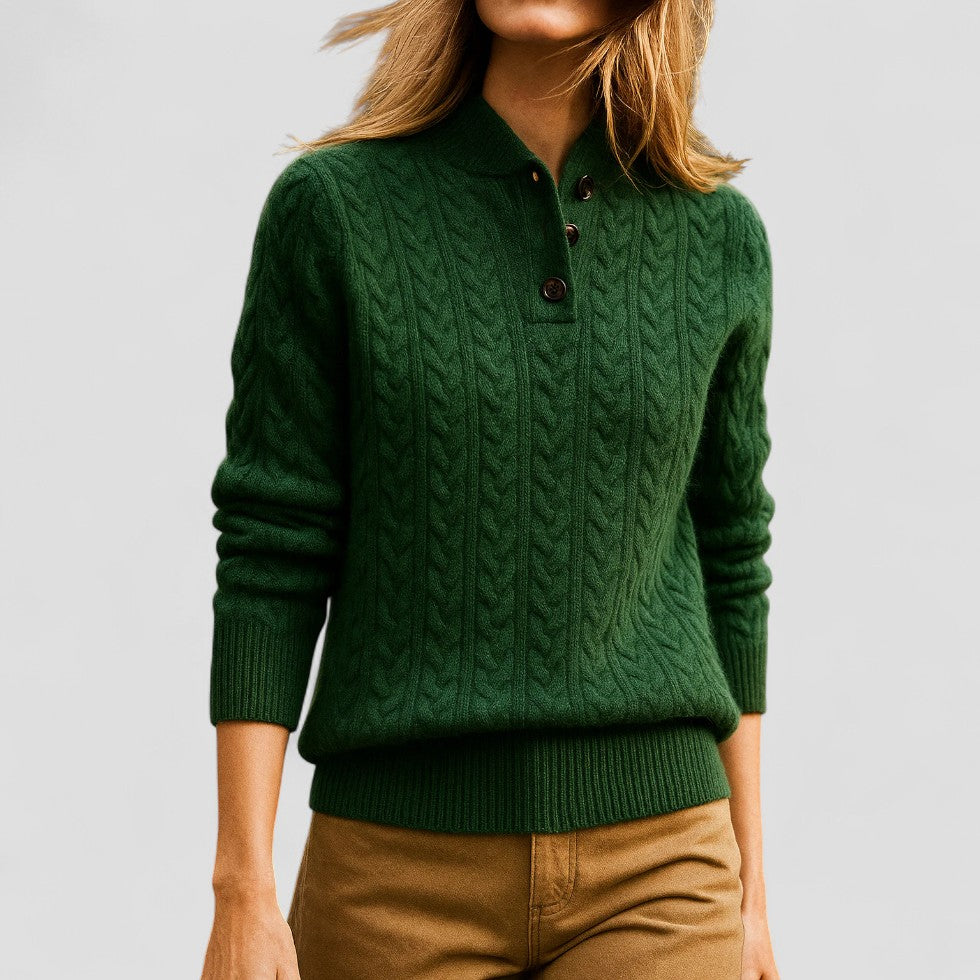 Cable Knit Cashmere Blend Pullover with Button Collar