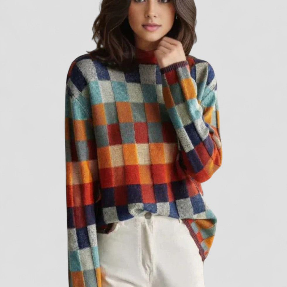 Checkered Knit Crewneck Pullover Sweater for Women