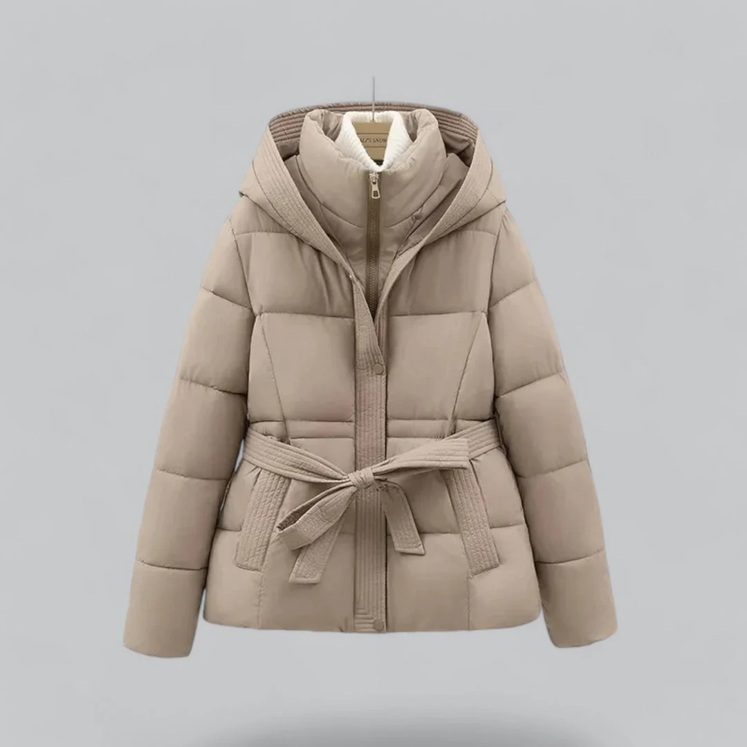 Women’s Belted Puffer Jacket with Hood for Winter Warmth