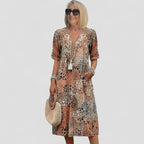 Floral Print V Neck Short Sleeve Midi Dress for Women