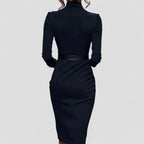V Neck Belted Pencil Midi Dress with Three Quarter Sleeves