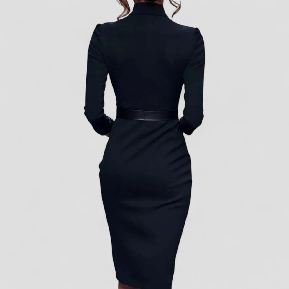 V Neck Belted Pencil Midi Dress with Three Quarter Sleeves