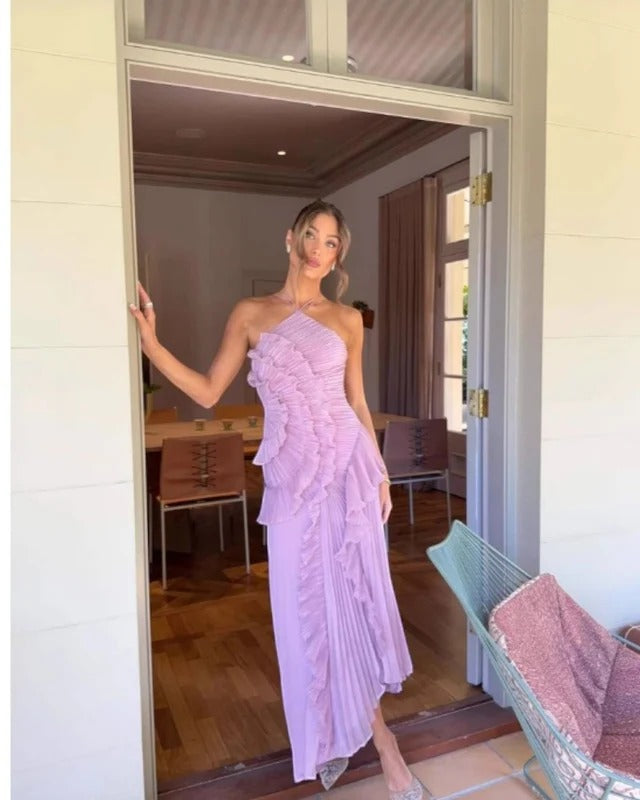Ruffle Pleated Halter Maxi Dress Slim Fit European Style