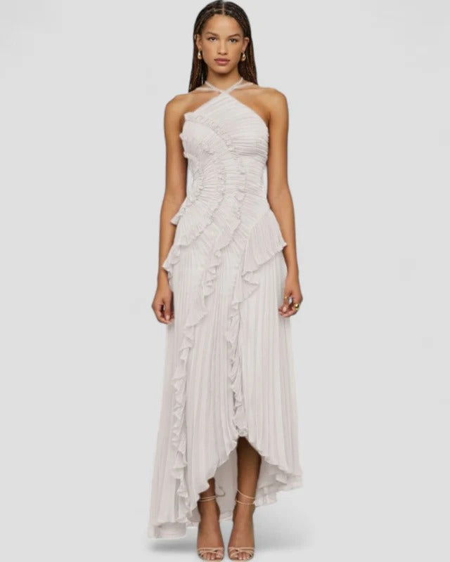 Ruffle Pleated Halter Maxi Dress Slim Fit European Style