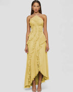 Ruffle Pleated Halter Maxi Dress Slim Fit European Style
