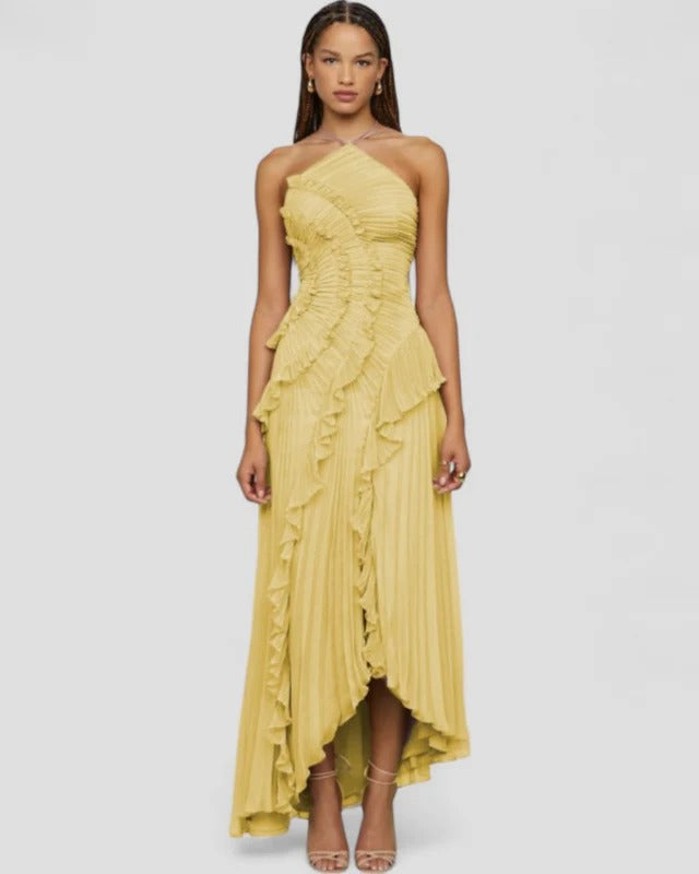 Ruffle Pleated Halter Maxi Dress Slim Fit European Style