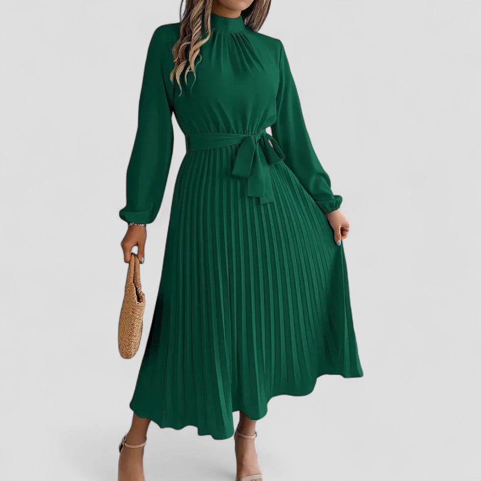 Pleated Long Sleeve Midi Dress