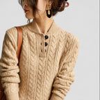 Cable Knit Cashmere Blend Pullover with Button Collar