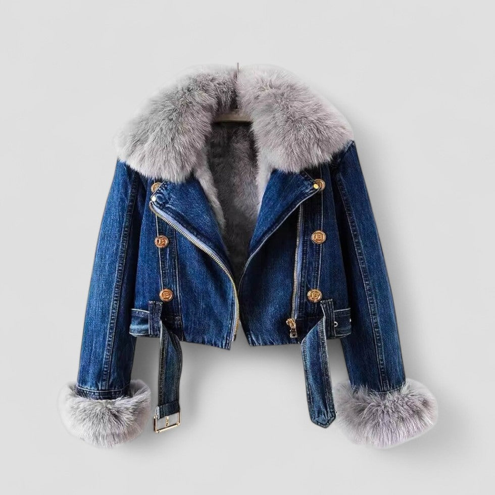 Denim Faux Fur Collar Cropped Jacket