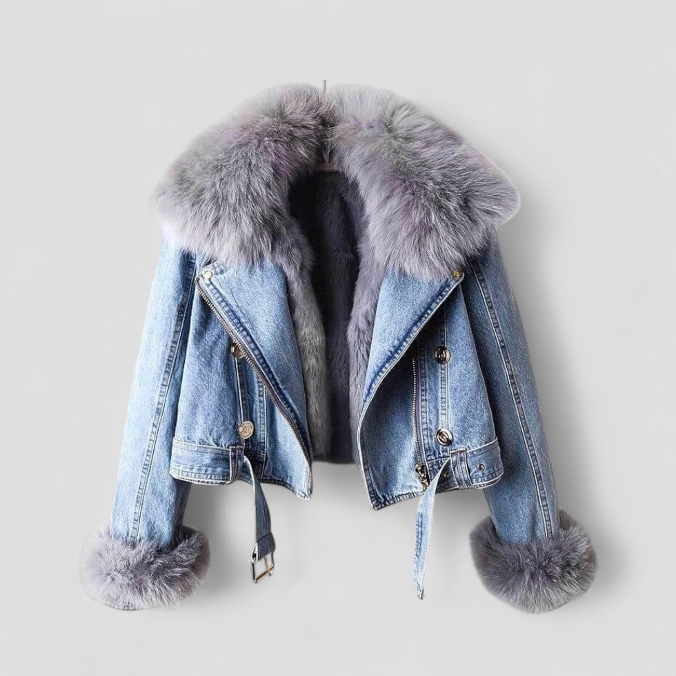 Denim Faux Fur Collar Cropped Jacket