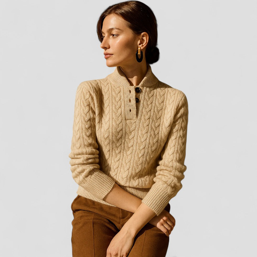 Cable Knit Cashmere Blend Pullover with Button Collar