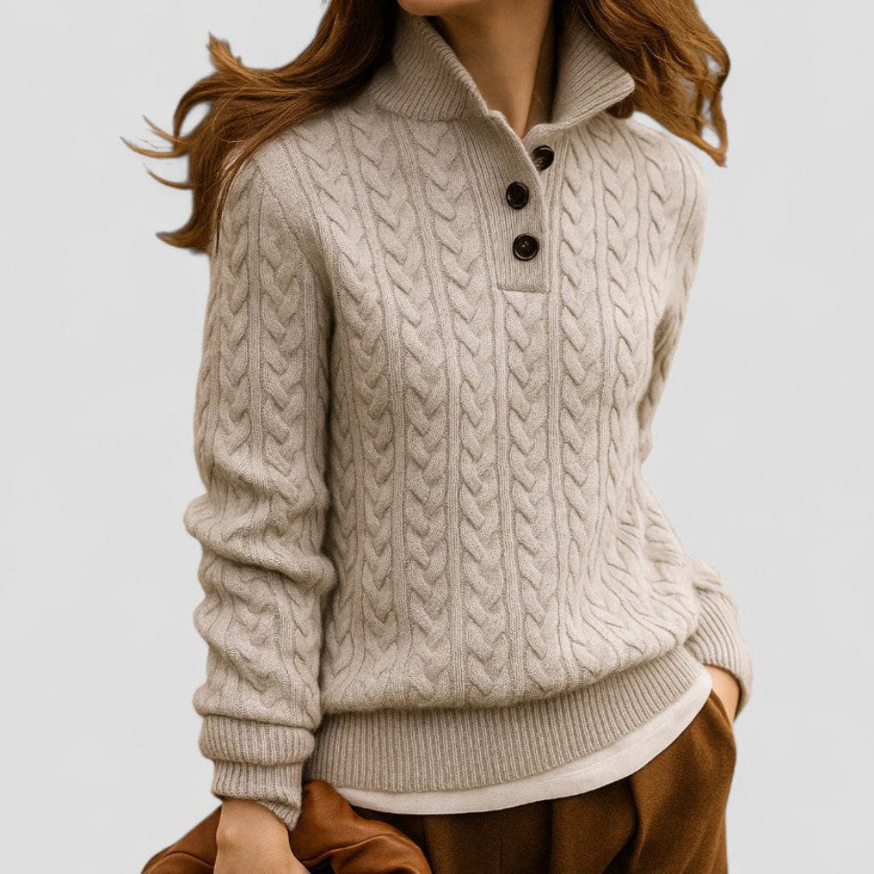 Cable Knit Cashmere Blend Pullover with Button Collar