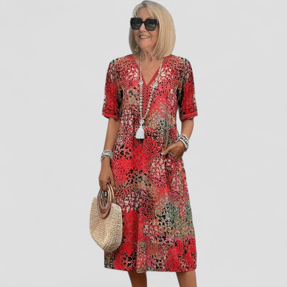 Floral Print V Neck Short Sleeve Midi Dress for Women