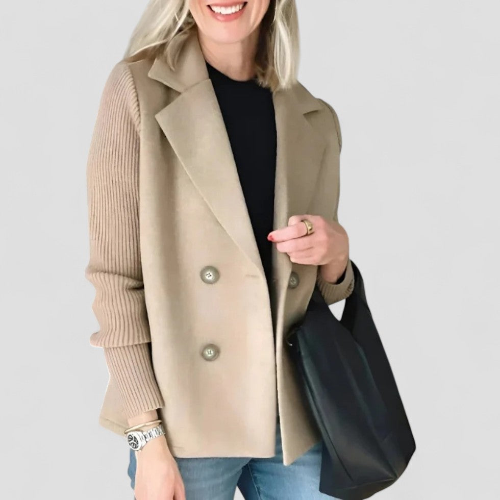 Wool Blend Double Breasted Knit Sleeve Blazer