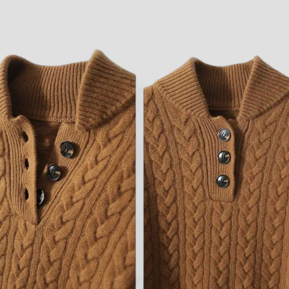 Cable Knit Cashmere Blend Pullover with Button Collar