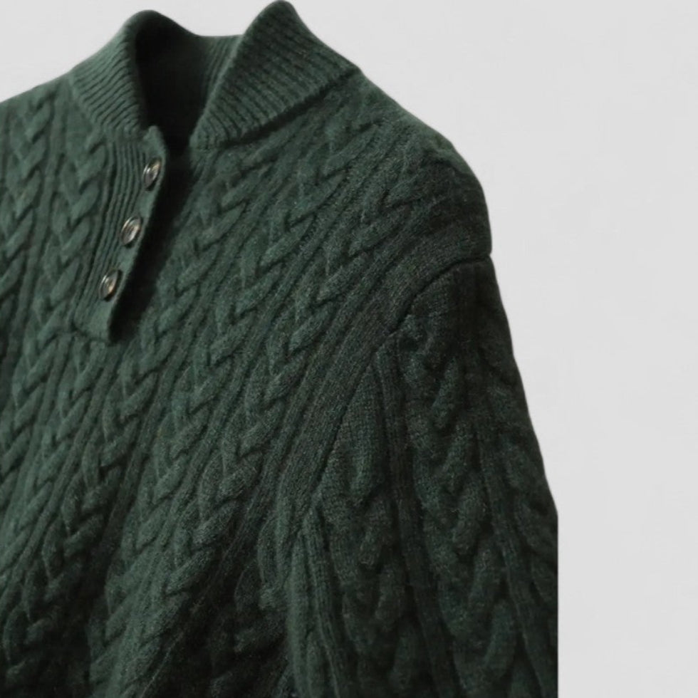 Cable Knit Cashmere Blend Pullover with Button Collar