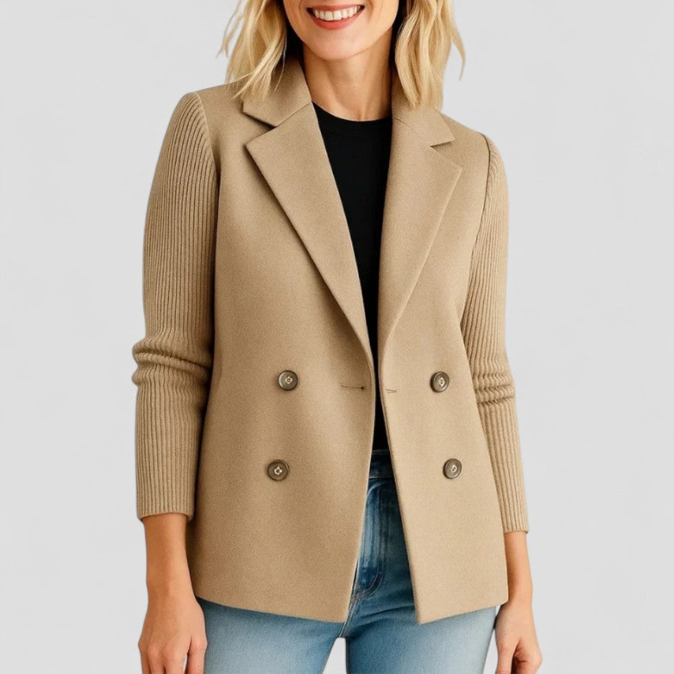 Wool Blend Double Breasted Knit Sleeve Blazer
