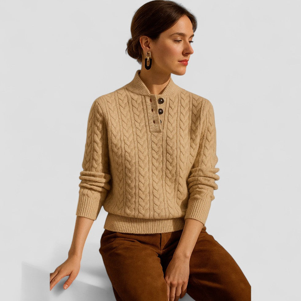 Cable Knit Cashmere Blend Pullover with Button Collar