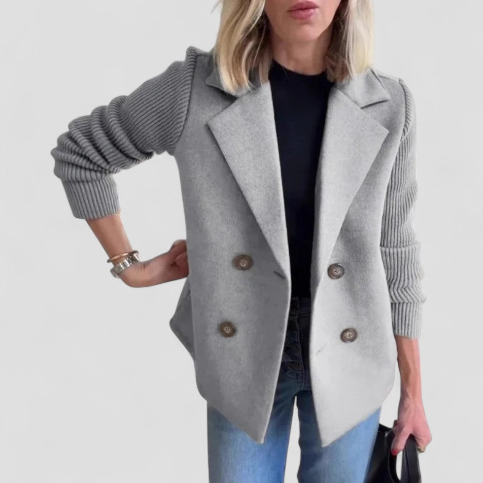 Wool Blend Double Breasted Knit Sleeve Blazer