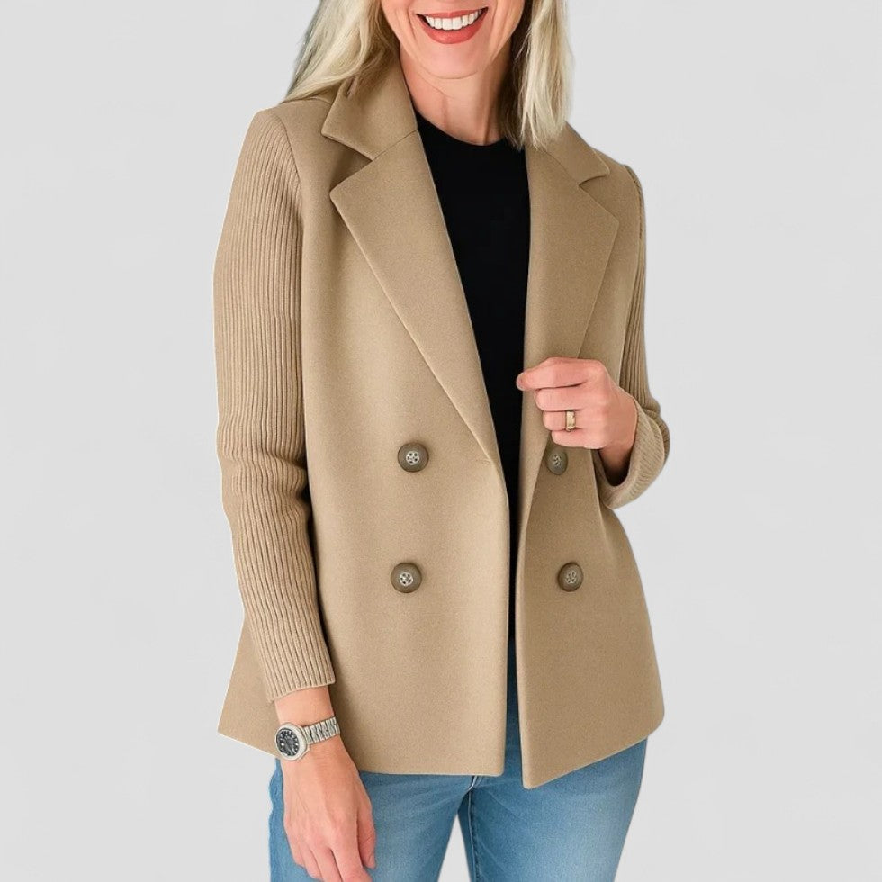Wool Blend Double Breasted Knit Sleeve Blazer