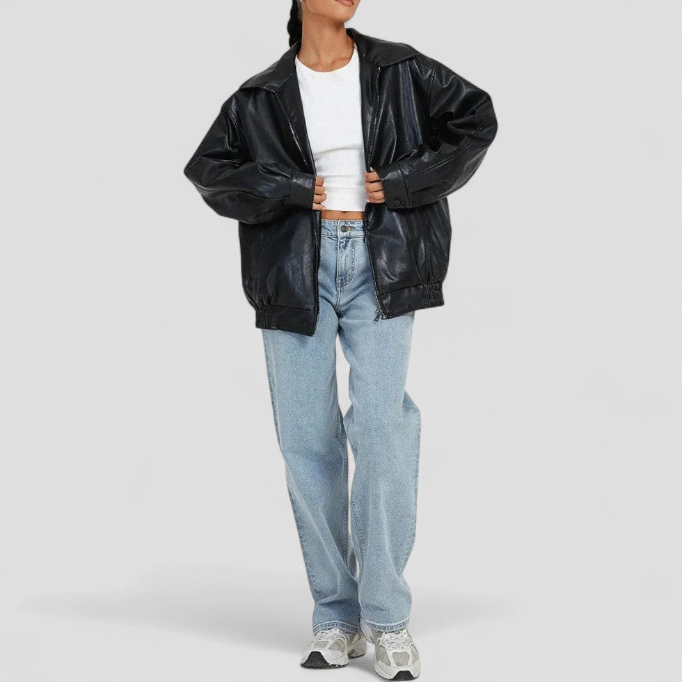 Oversized Faux Leather Zip Up Bomber Jacket for Women