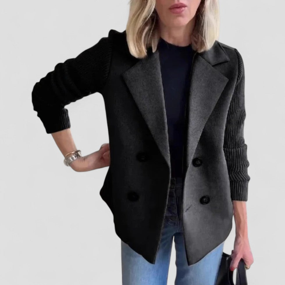 Wool Blend Double Breasted Knit Sleeve Blazer