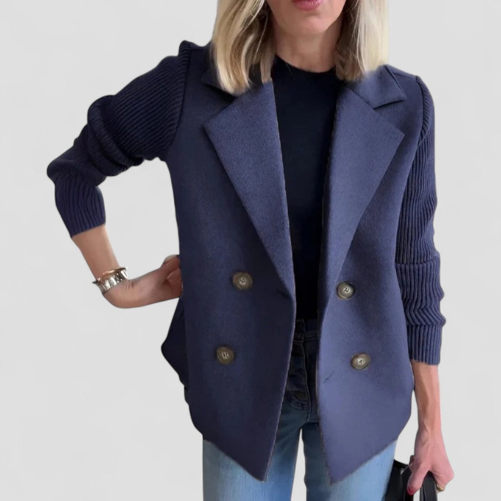Wool Blend Double Breasted Knit Sleeve Blazer