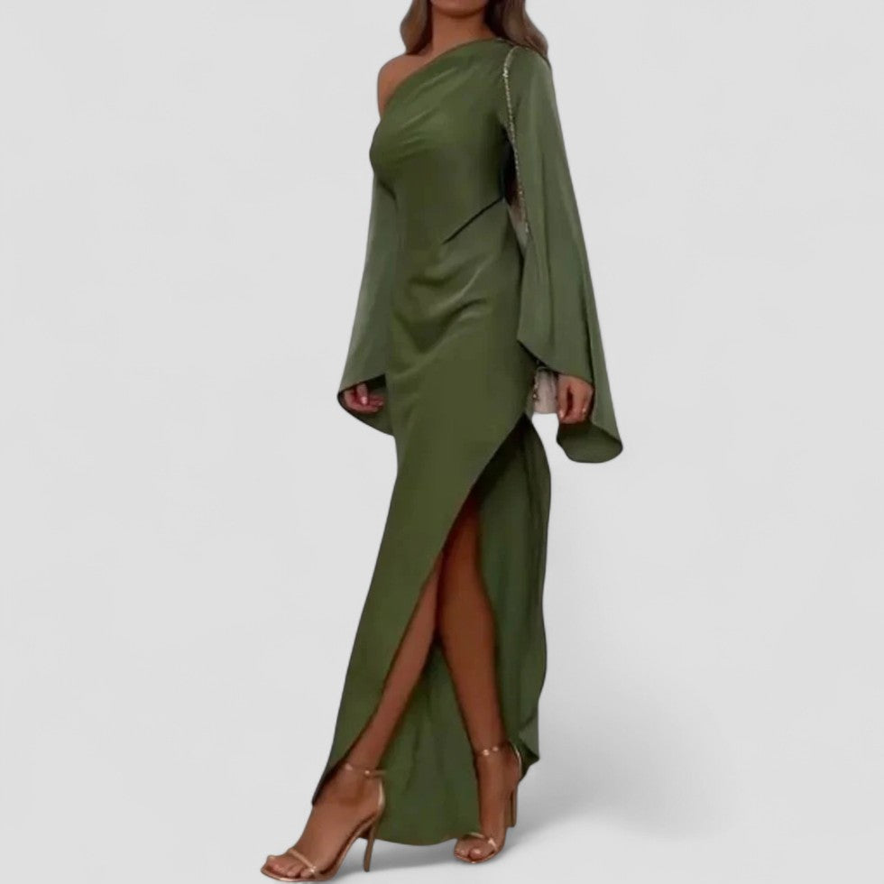 One Shoulder Long Sleeve Split Maxi Dress for Women