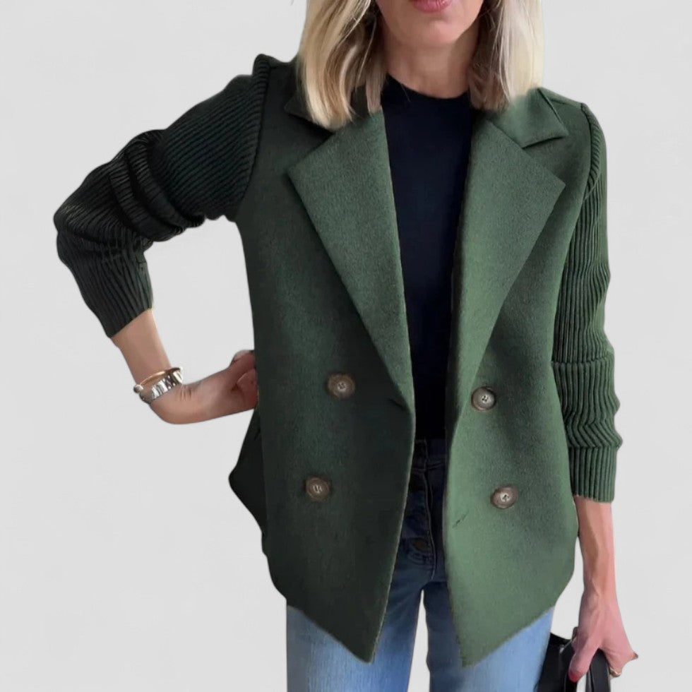 Wool Blend Double Breasted Knit Sleeve Blazer