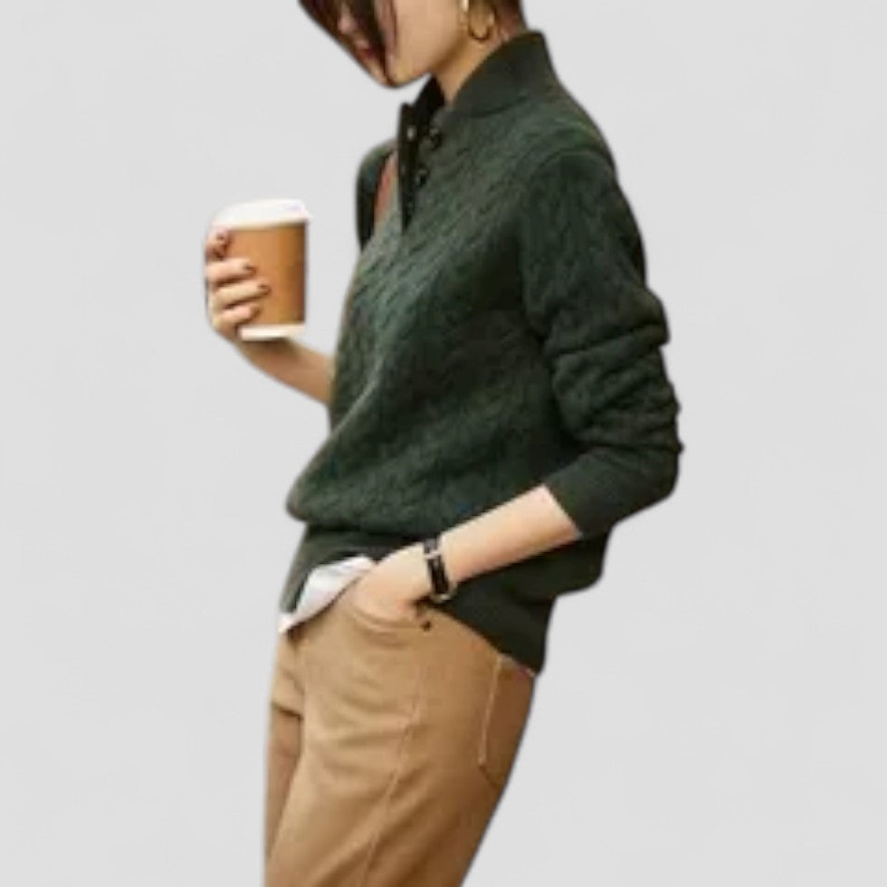 Cable Knit Cashmere Blend Pullover with Button Collar