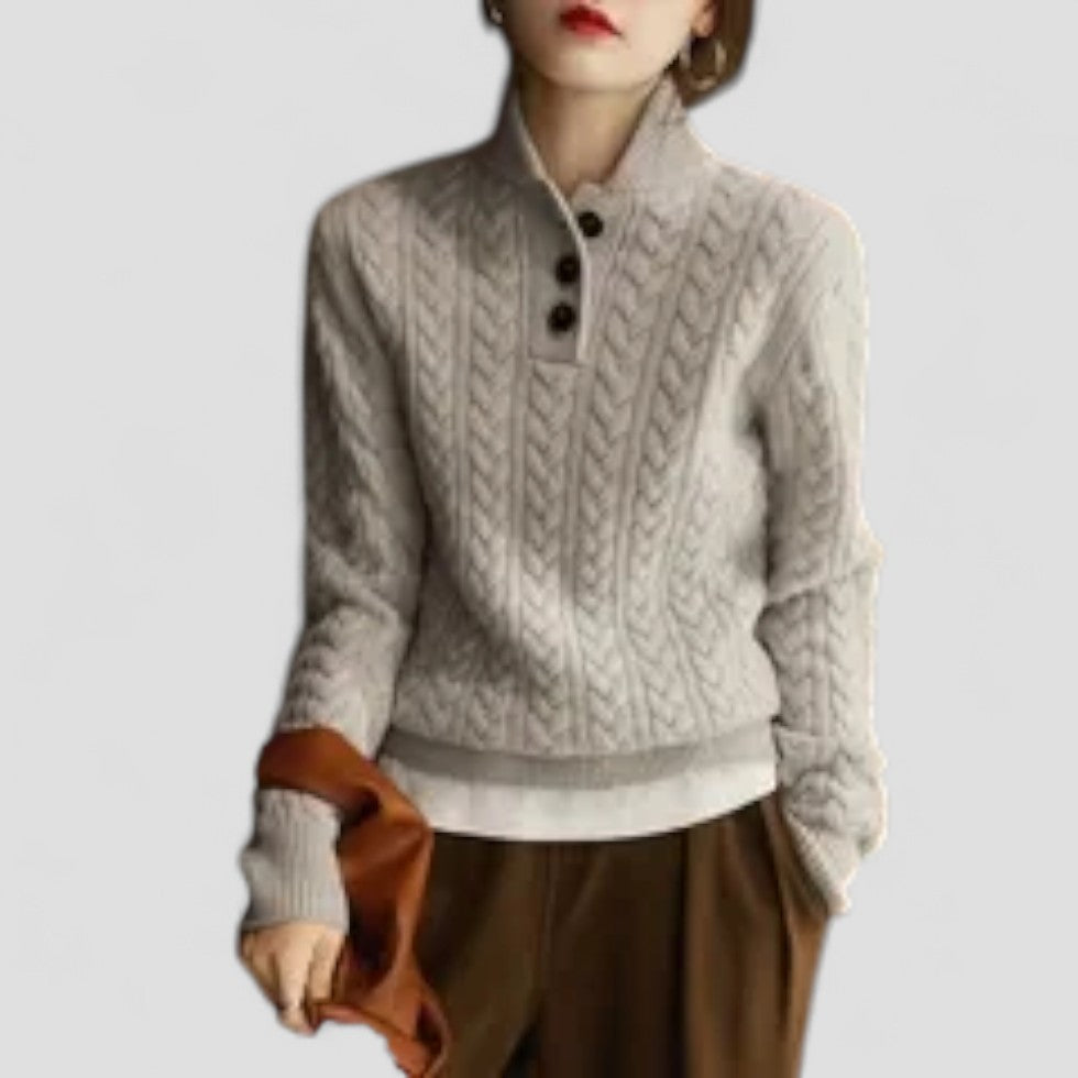Cable Knit Cashmere Blend Pullover with Button Collar
