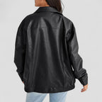 Oversized Faux Leather Zip Up Bomber Jacket for Women